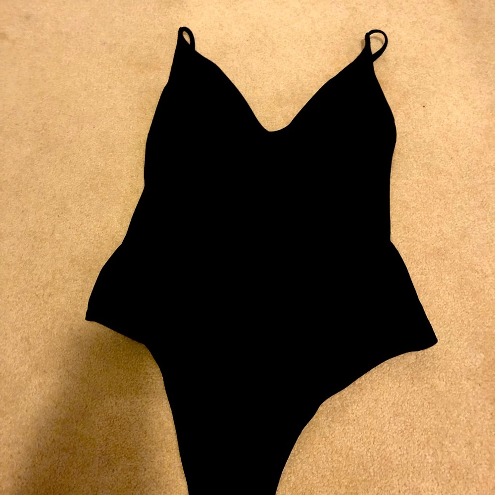 Backless high waisted black one piece bathing suit